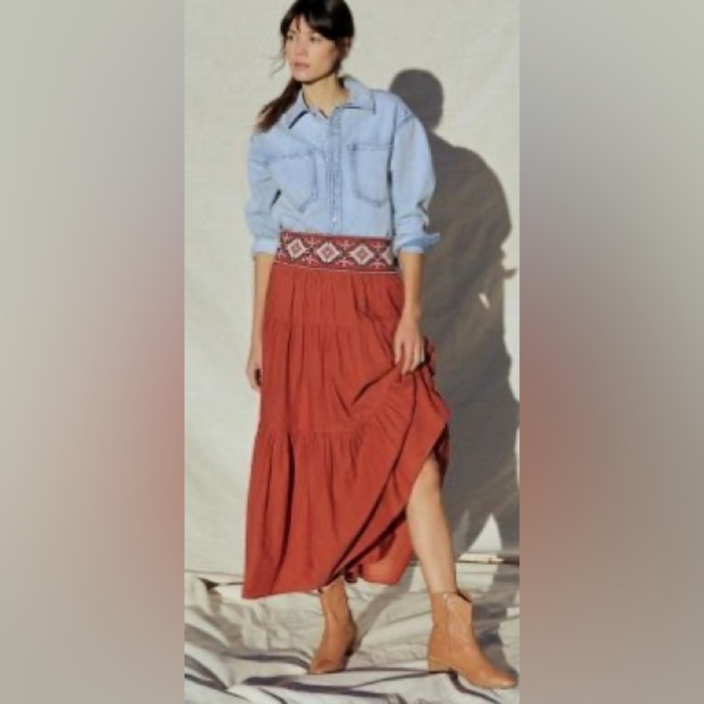 Rust Maxi Skirt with Embroidered Waistband